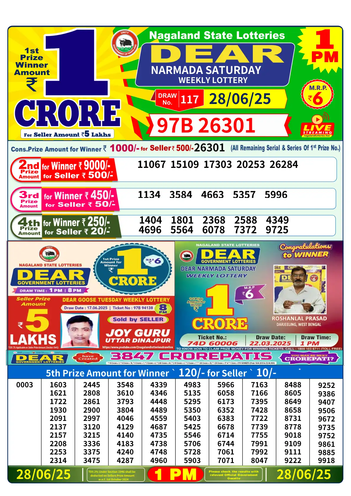 Dear Lottery 1 PM Result Today