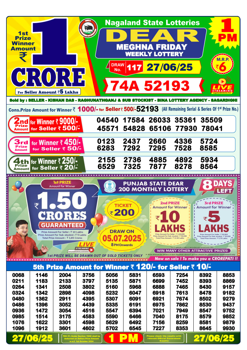 Dear Lottery 1 PM Result Today
