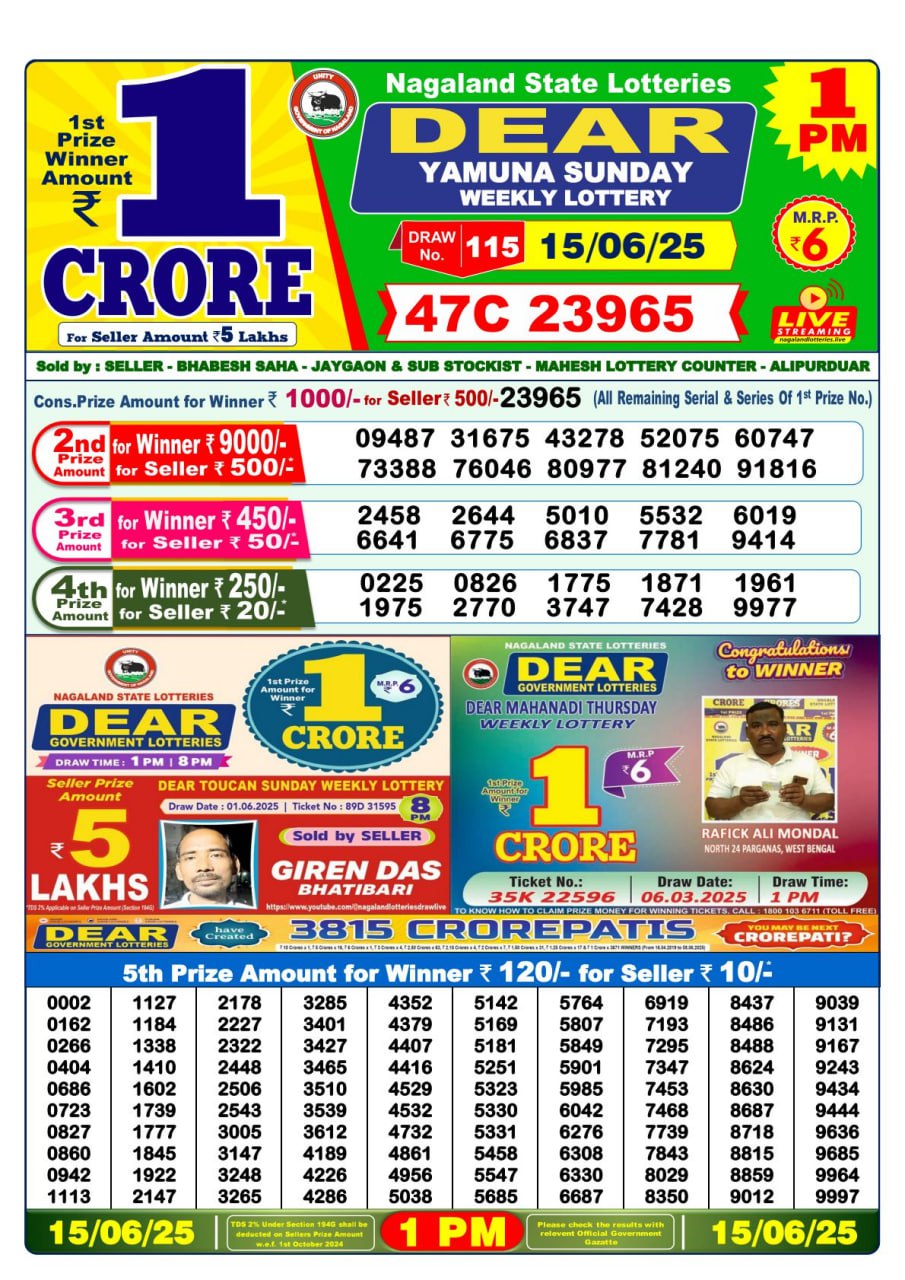 Dear Lottery 1 PM Result Today